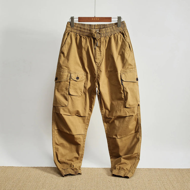 Men Elastic Drawstring Waist Jogger Cargo Pants Multi Button Pockets Vintage Washed Tapered Ankle Cuff Casual Street Trousers