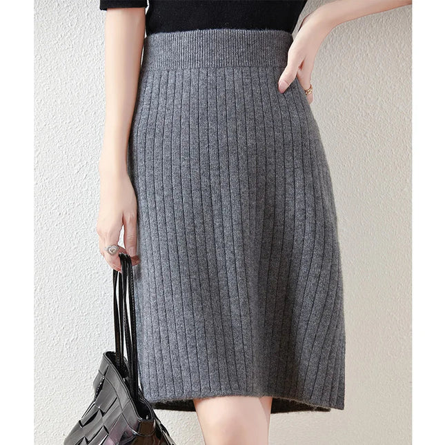 Autumn Winter Women Wool Skirt Elastic Waist Mini Slim Fit Cashmere Skirts 100% Merino Wool Knitted Office Lady Above Knee Dress PlatiNum