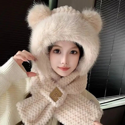 Women's Hat Beanie Balaclava Winter Cap Winter Women's Cute Thickened Fox Plush Hat Scarf Glove Three-in-one Cycling Warmth