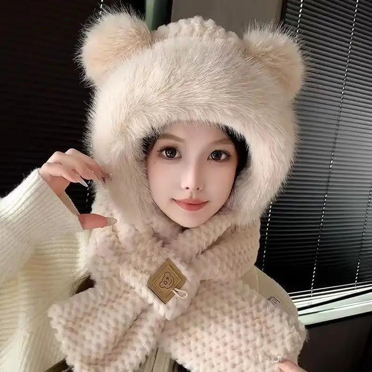 Women's Hat Beanie Balaclava Winter Cap Winter Women's Cute Thickened Fox Plush Hat Scarf Glove Three-in-one Cycling Warmth
