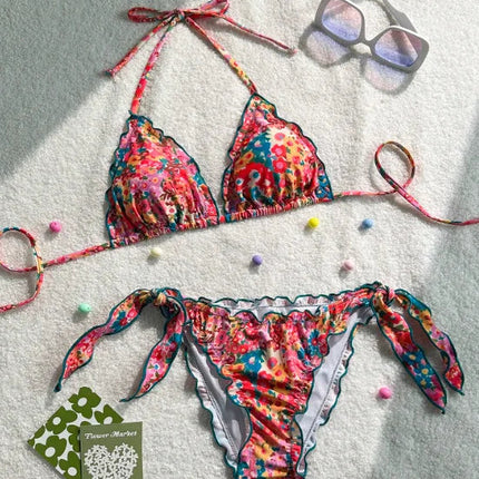 Nuovo Set Bikini Donna Estivo con Stampa Floreale Arancione, Halter con Volant, Push-Up e Perizoma con Laccetti Laterali PlatiNum