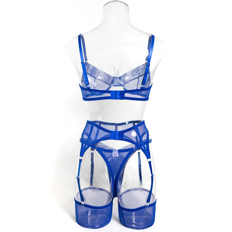 Luxury Dark Style 4Pcs Women's Lingerie Set Push-up Underwire Bra Garter Belt Thong Panty Stocking Erotic Intimate Outfits