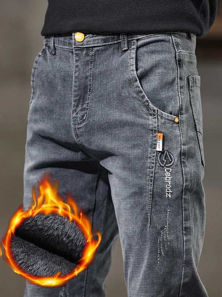 Men's Thick Winter Jeans Slim Elastic Velvet Warm Business Casual Trousers Fashion Vintage Straight Male Plush Denim Pants