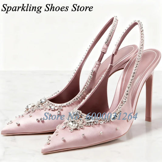 Slingback Crystal Satin Heeled Sandals Pointy Toe Shallow Rhinestones Decor High Heels Women Pull On Slip On Solid Luxury Shoes