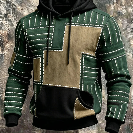 Unisex 3D Printed Hoodie Green Khaki Patchwork Block Stitch Geometric Pullover Long Sleeve Casual Street Sweatshirt Men Tops