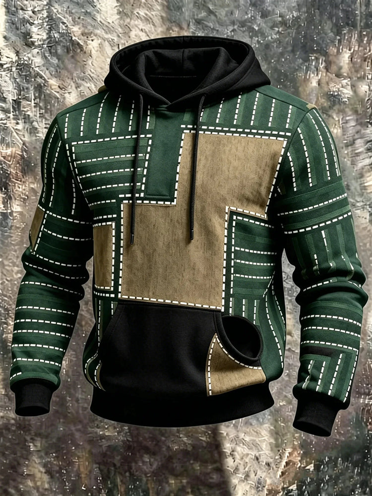 Unisex 3D Printed Hoodie Green Khaki Patchwork Block Stitch Geometric Pullover Long Sleeve Casual Street Sweatshirt Men Tops