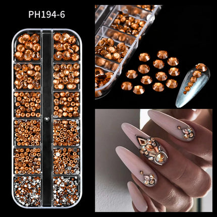 12 Grids Mixed Size Nail Rhinestones SS6 to SS30 Shiny Clear Gold Pink Blue Flat Back Glass Gems for DIY Nail Art Manicure Decoration Supply