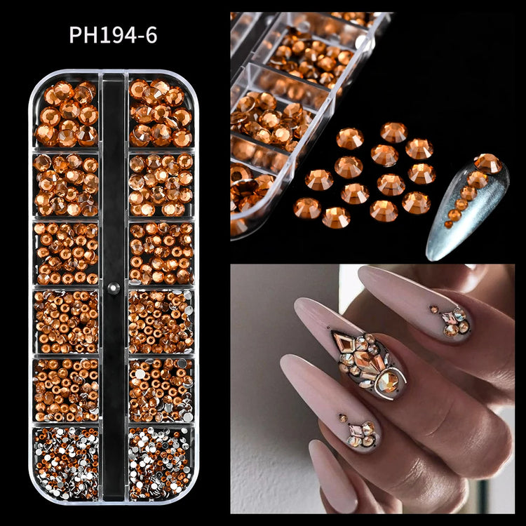 12 Grids Mixed Size Nail Rhinestones SS6 to SS30 Shiny Clear Gold Pink Blue Flat Back Glass Gems for DIY Nail Art Manicure Decoration Supply