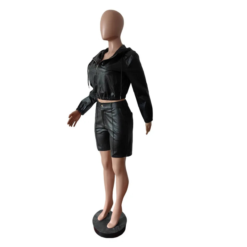 Yomesugar Autumn Sexy PU Leather 2 Piece Sets Women Hipster Zip Hooded Full Sleeve Crop Jacket and Shorts Matching Streetwear