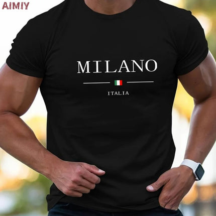 T-shirt da uomo casual sportiva oversize ampia più abbigliamento con stampa Milano comoda maglietta da shopping girocollo a maniche corte