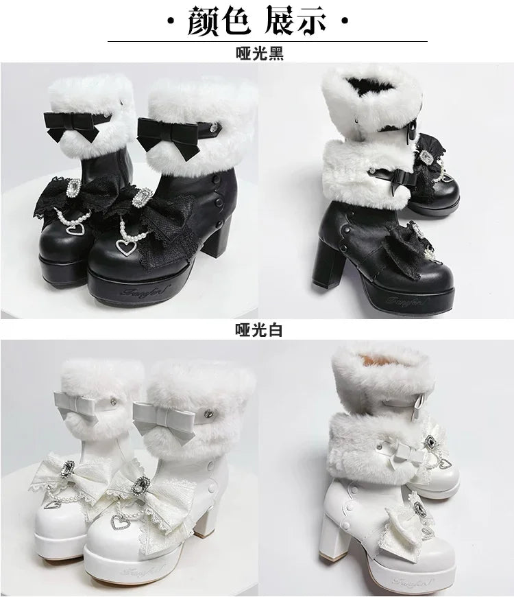 Original Japanese Sweet Cute Style Versatile Bow High Heel Boots Autumn Winter Mass-Produced Rhinestones Fur Short Boots