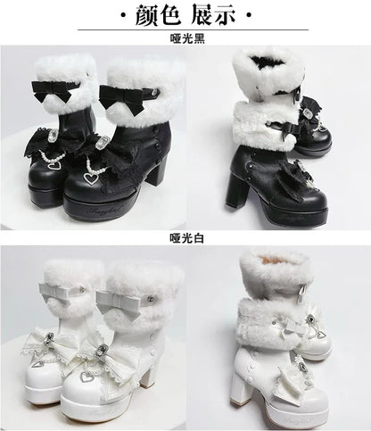 Original Japanese Sweet Cute Style Versatile Bow High Heel Boots Autumn Winter Mass-Produced Rhinestones Fur Short Boots