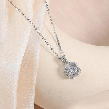 ZAKOL Simple Geometric Crystal White Zircon Pendant Necklace For Women Silver-Color Wedding Party Jewelry Gift With Box PlatiNum
