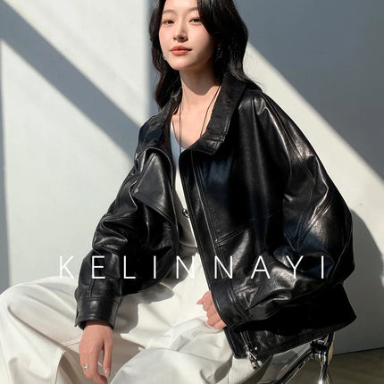 Waxed Sheepskin Genuine Leather Moto Biker Jacket Women Cropped Stand Collar Zip Up Snap Button Loose Casual Autumn Outwear 2026