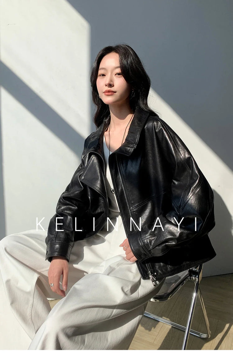 Waxed Sheepskin Genuine Leather Moto Biker Jacket Women Cropped Stand Collar Zip Up Snap Button Loose Casual Autumn Outwear 2026
