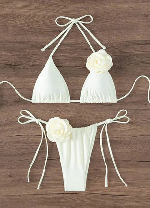 Bikini Sexy con Fiori 3D e Lacci Sulla Schiena, Costume da Bagno Femminile Due Pezzi, Set Bikini, Abbigliamento da Spiaggia, Taglie S-L PlatiNum