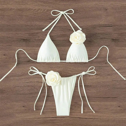 Bikini Sexy con Fiori 3D e Lacci Sulla Schiena, Costume da Bagno Femminile Due Pezzi, Set Bikini, Abbigliamento da Spiaggia, Taglie S-L PlatiNum