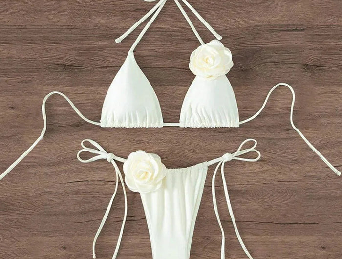 Bikini Sexy con Fiori 3D e Lacci Sulla Schiena, Costume da Bagno Femminile Due Pezzi, Set Bikini, Abbigliamento da Spiaggia, Taglie S-L PlatiNum