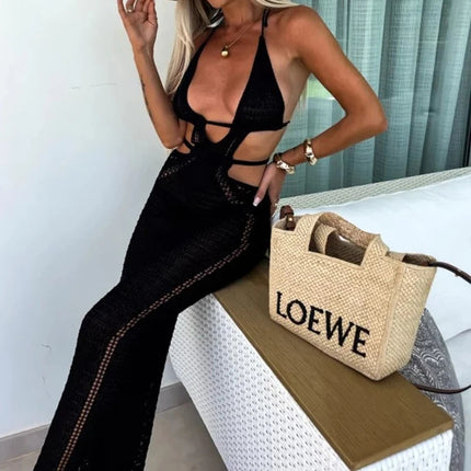 Abito da annodare senza schienale scollato stile sexy Abito da donna per le vacanze al mare Copricostume lavorato a maglia Abito lungo con protezione solare per il bagno del sole platinumshop