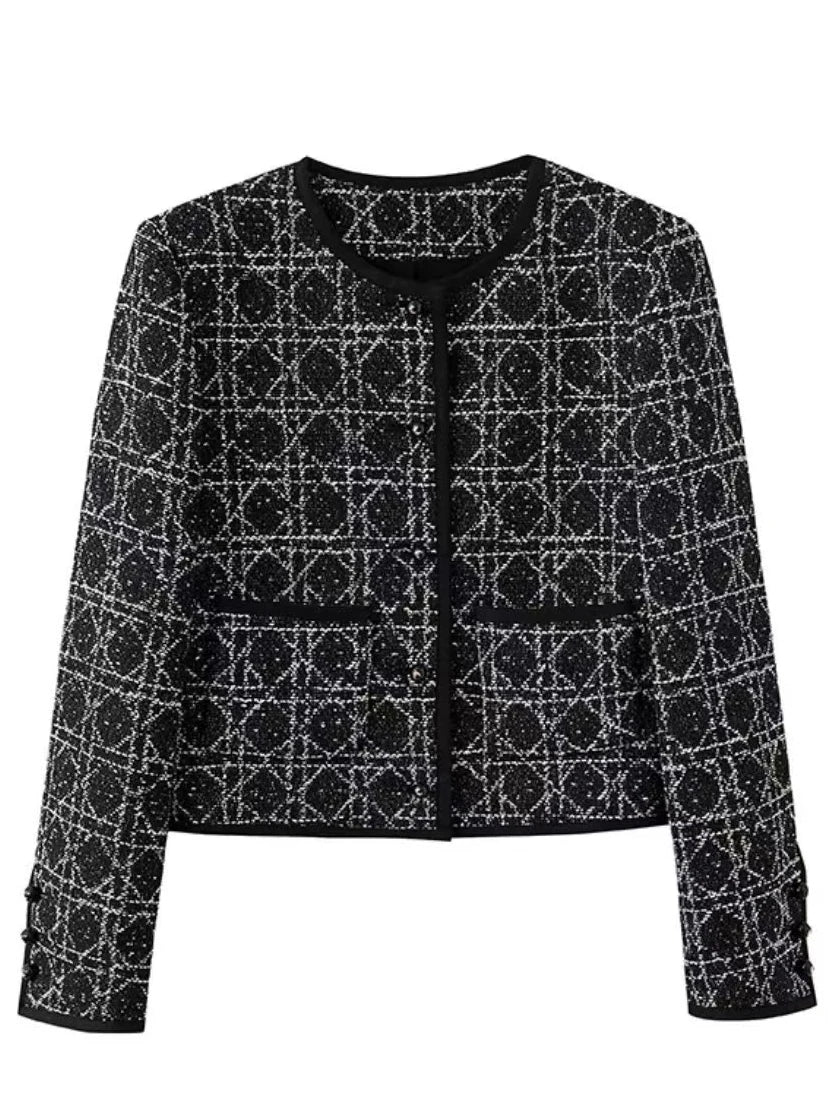 2025 new style fashionable European old money style tweed jacket slimming round neck rhombus top