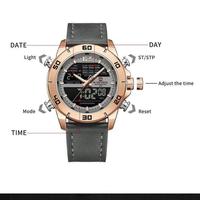 NAVIFORCE Orologio alla moda da uomo con cinturino in vera pelle Movimento al quarzo resistente all'acqua 30M Display luminoso con giorno e data F platinumshop