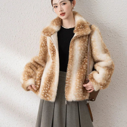 ZADORIN Luxury Mink Coat Deer Pattern Furry Faux Fur Coat Woman Stand Collar Zipper Faux Fur Jackets Winter Coats For Woman Tops