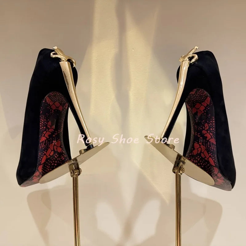 Black Suede Point Toe Strange Style Scepter-Shaped Heel Pumps Gold Silver Metal Fastener Heel Decor Pumps Nightclub Dancing Shoe