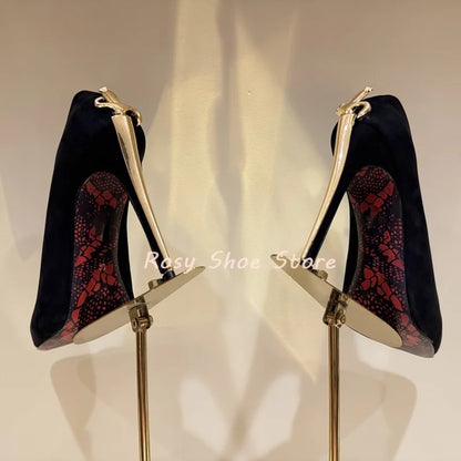 Black Suede Point Toe Strange Style Scepter-Shaped Heel Pumps Gold Silver Metal Fastener Heel Decor Pumps Nightclub Dancing Shoe