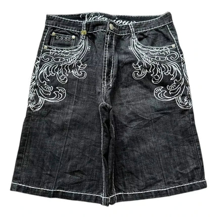 American Vintage Popular New Pattern Embroidery Baggy Denim Shorts Men Street Fashion Gothic Casual Joker Shorts Women Clothing PlatiNum