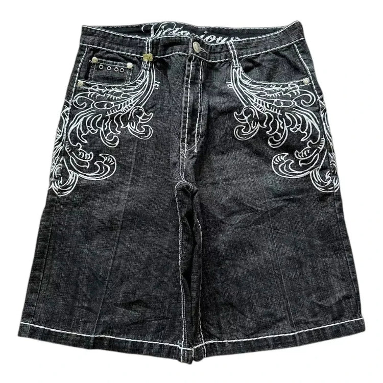 American Vintage Popular New Pattern Embroidery Baggy Denim Shorts Men Street Fashion Gothic Casual Joker Shorts Women Clothing PlatiNum