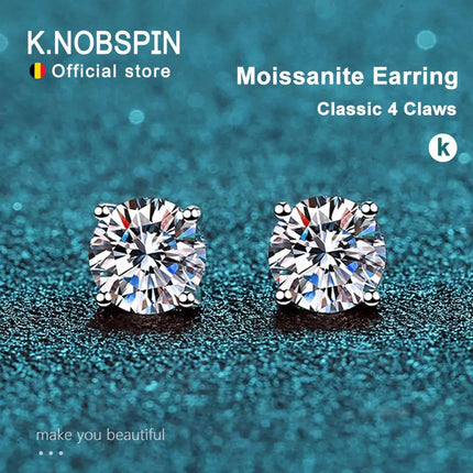 KNOBSPIN 2.0ct Moissanite Earrings for Women Lab Grown Diamond Ear Studs 925 Sterling Silver Fine Jewelry Gift PlatiNum