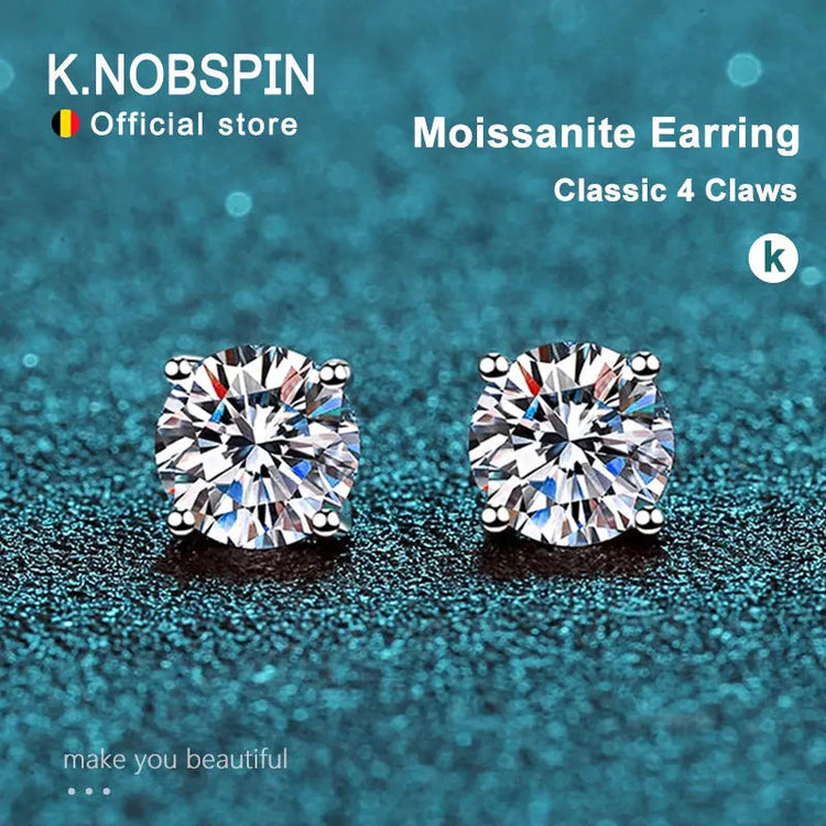 KNOBSPIN 2.0ct Moissanite Earrings for Women Lab Grown Diamond Ear Studs 925 Sterling Silver Fine Jewelry Gift PlatiNum