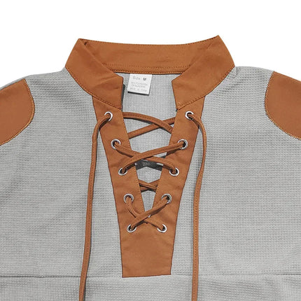 Cross-border new men's waffle color matching strap V-neck top casual long-sleeved bottoming T-shirt PlatiNum