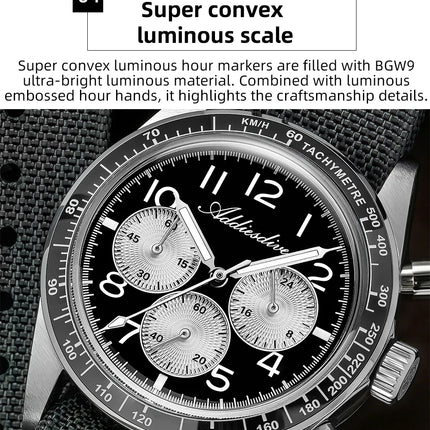 ADDIESDIVE Men's Chronograph Quartz Watch 37mm Bubble Glass 100m Waterproof Watches Ceramic Bezel BGW9 Luminous Sport Wristwatch