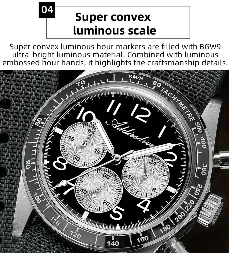 ADDIESDIVE Men's Chronograph Quartz Watch 37mm Bubble Glass 100m Waterproof Watches Ceramic Bezel BGW9 Luminous Sport Wristwatch