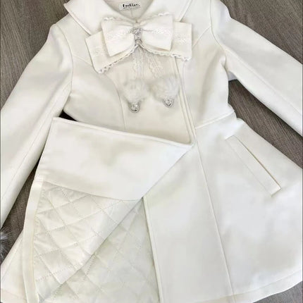 Japanese Autumn Winter Elegant Kawaii Coat Women Faux Fur Collar Long Sleeve Tops Casual Lolita Bow Button Warm Sweet Jacket