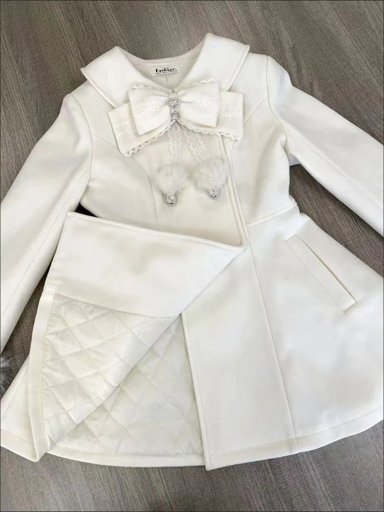 Japanese Autumn Winter Elegant Kawaii Coat Women Faux Fur Collar Long Sleeve Tops Casual Lolita Bow Button Warm Sweet Jacket
