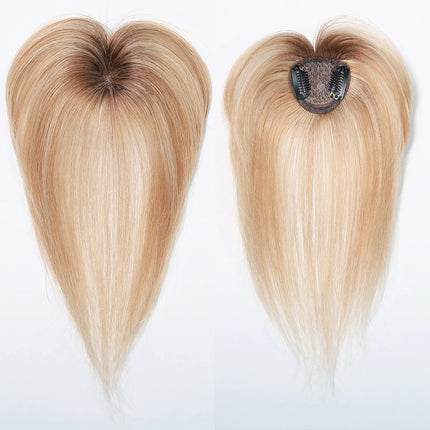 Ombre Light Blonde Real Human Hair Toppers with Swiss Lace Base Hair 3D Air Bangs 10inch Human Hair Topper for Women Hair Loss