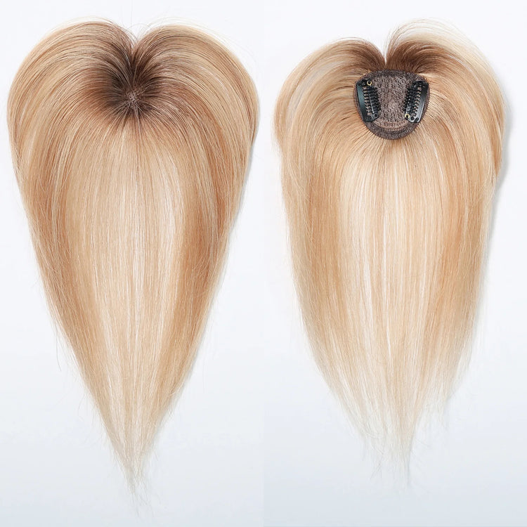 Ombre Light Blonde Real Human Hair Toppers with Swiss Lace Base Hair 3D Air Bangs 10inch Human Hair Topper for Women Hair Loss