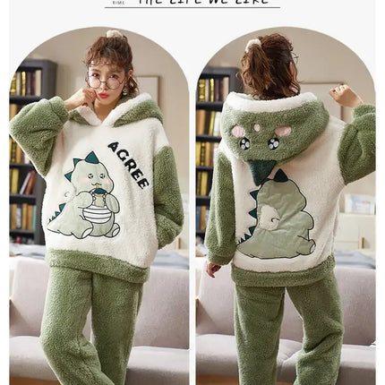 Couples Pajamas Women Men Winter Thicken Pyjamas Sleepwear Cartoon Dinosaur Korean Lovers Homewear Soft Warm Hoodies Pijama