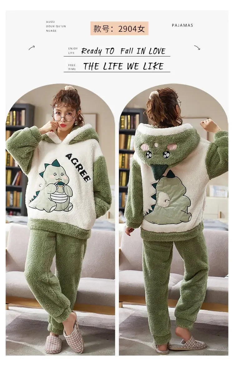 Couples Pajamas Women Men Winter Thicken Pyjamas Sleepwear Cartoon Dinosaur Korean Lovers Homewear Soft Warm Hoodies Pijama