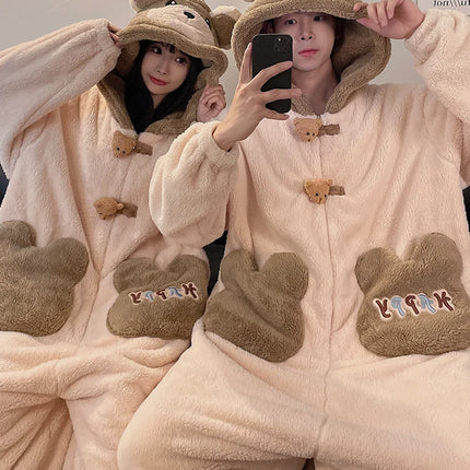 DAIMELU bear cartoon sleepwear long sleeved pajamas men winter thickened warm coral fleece flannel one-piece male loungewear set