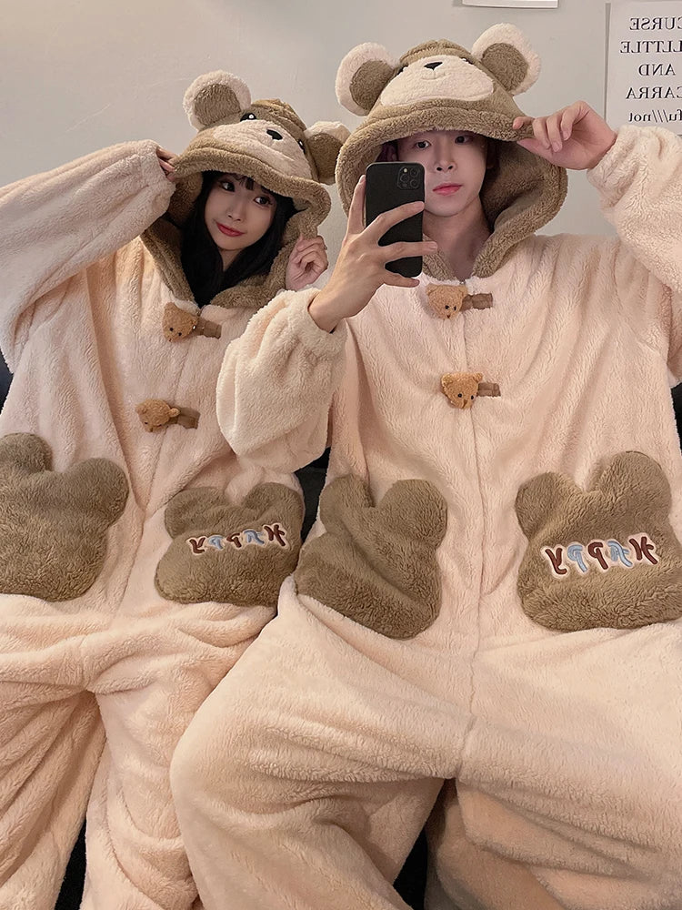 DAIMELU bear cartoon sleepwear long sleeved pajamas men winter thickened warm coral fleece flannel one-piece male loungewear set