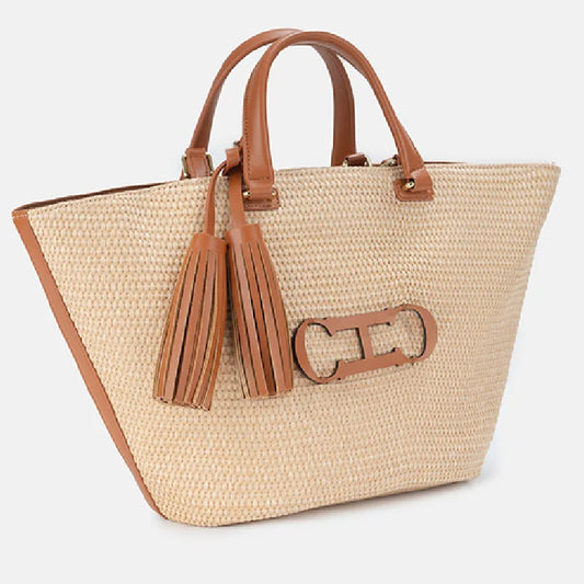 Carolina Herrera Borsa a secchiello in paglia intrecciata ecologica Borsa da spiaggia di grande capacità con manici in pelle Borsa per la spesa