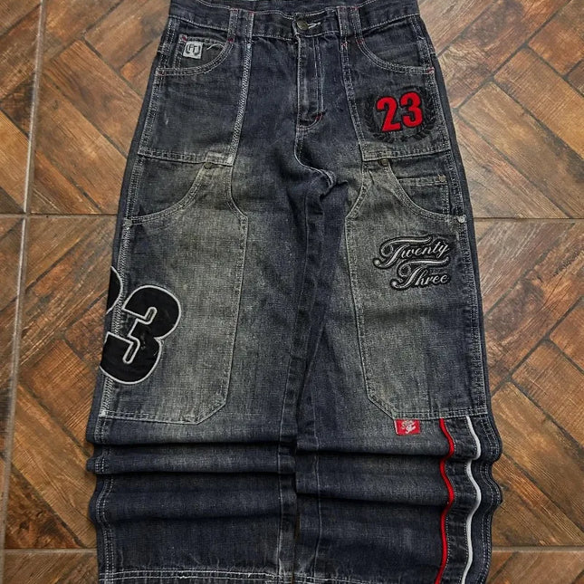 Jeans in denim lavato con ricamo a lettere stile Y2K, tasche grandi, vestibilità ampia, per donna, retrò, high street, trendy, hip hop, wild, a gamba larga