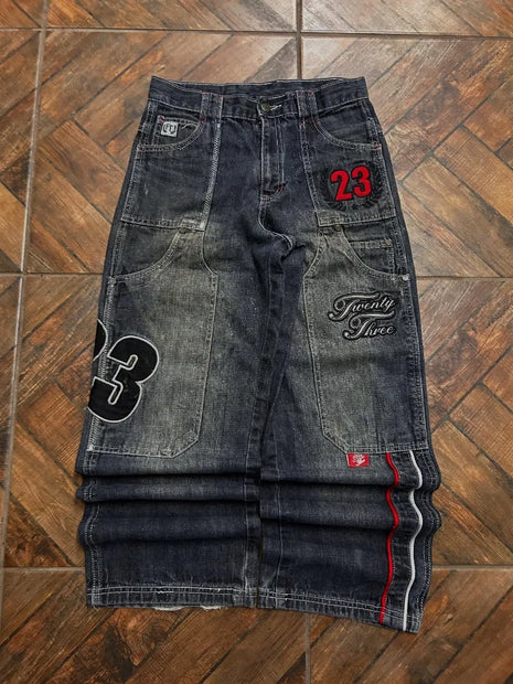 Jeans in denim lavato con ricamo a lettere stile Y2K, tasche grandi, vestibilità ampia, per donna, retrò, high street, trendy, hip hop, wild, a gamba larga
