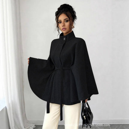 Wool Coat Women Autumn Winter Woolen Jacket Batwing Sleeve Button Lace Up Blends Turtleneck Overcoat Office Lady Outerwear