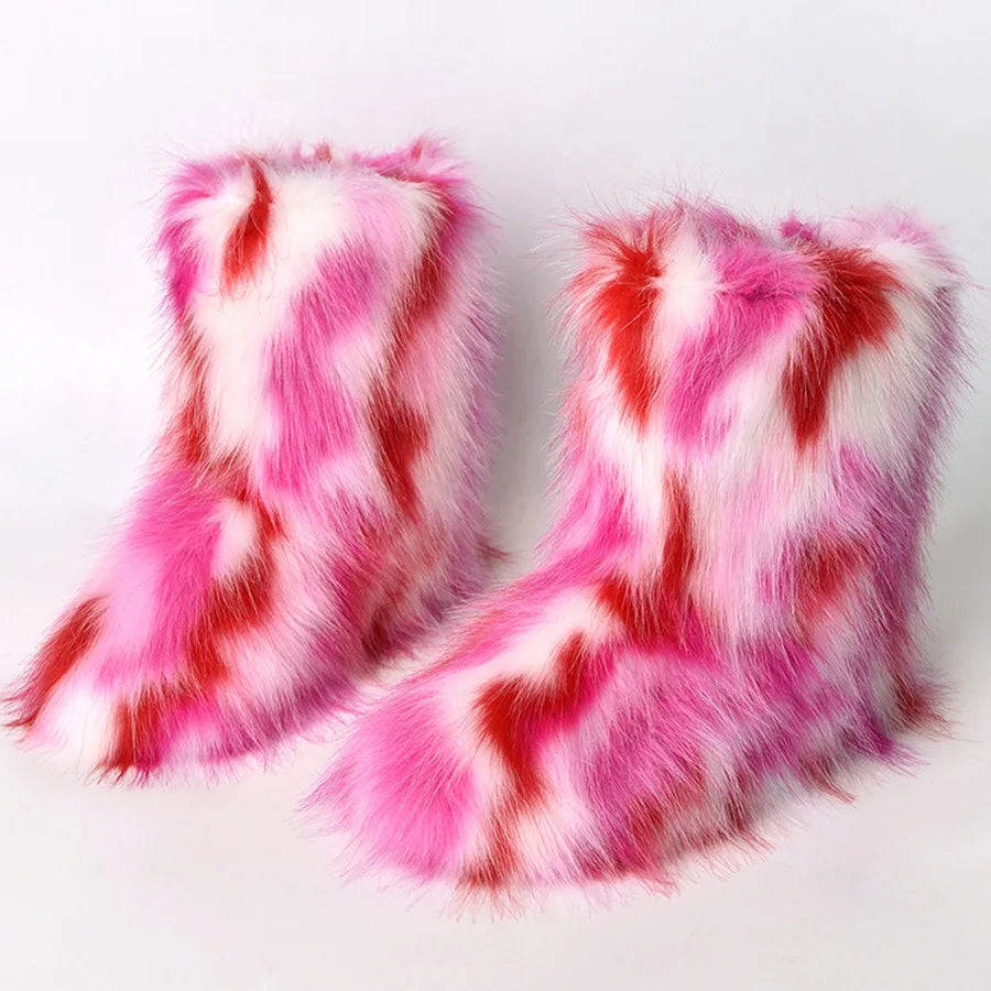 Women Faux Fur Boots Winter Fluffy Plush Warm Mid Calf Snow Boots Luxury Fashion Furry Boots Comfortable Outdoor Flat Shoes