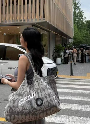 Grande borsa tote in tessuto stampato, manici lunghi, borsa capiente per lo shopping quotidiano e viaggi casual