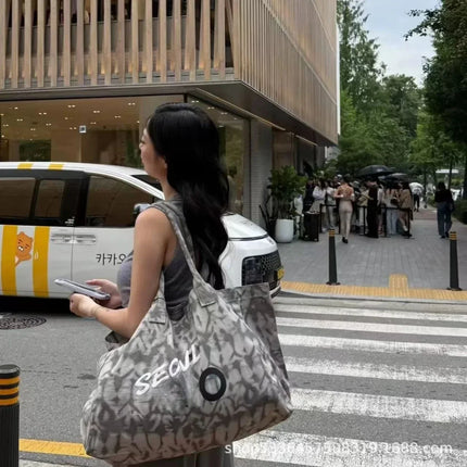Grande borsa tote in tessuto stampato, manici lunghi, borsa capiente per lo shopping quotidiano e viaggi casual